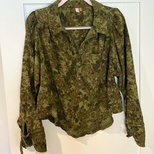 Women's Pilcro Olive Green Floral Button-Front Blouse